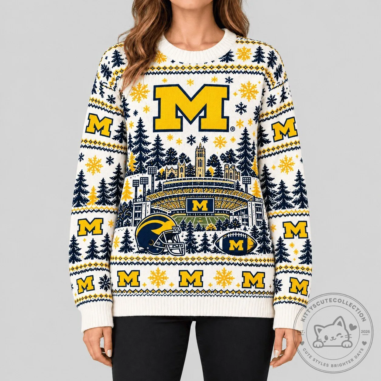 Michigan Wolverines NCAA Stadium Christmas Knit Pattern Ugly Sweater