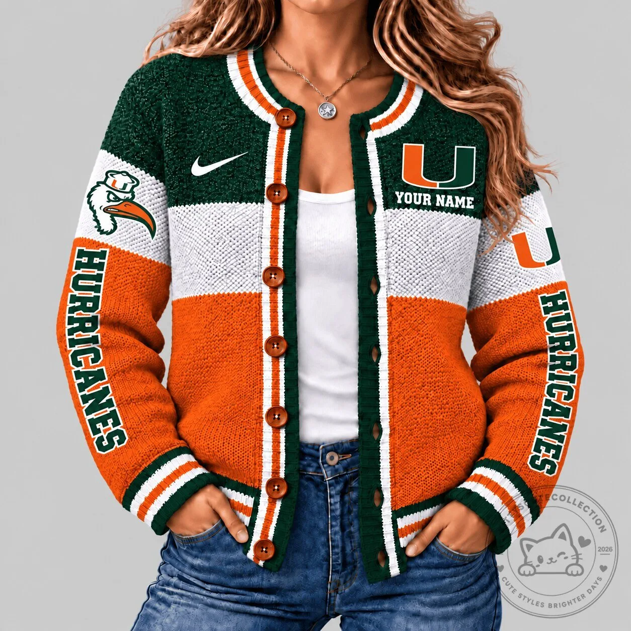 Miami Hurricanes NCAA Personalized Custom Name Orange Green White Cardigan Sweater
