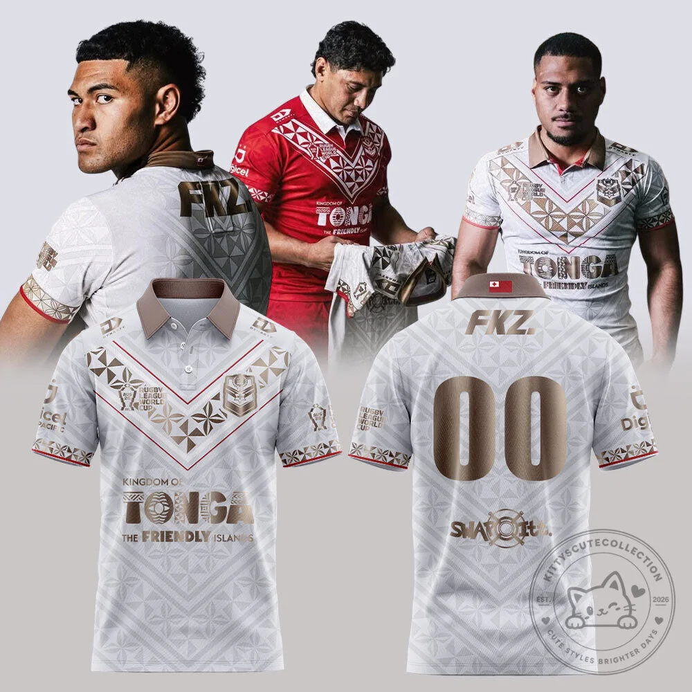 2026 World Cup White and Gold Polo Shirt for Tonga Rugby League