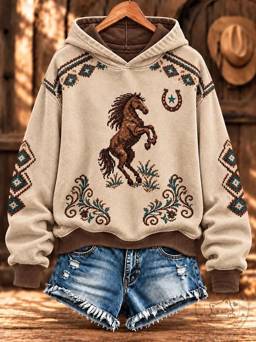 Western Horse Embroidered Pattern Beige Cowgirl Hoodie 2 Western Horse Embroidered Pattern Beige Cowgirl Hoodie