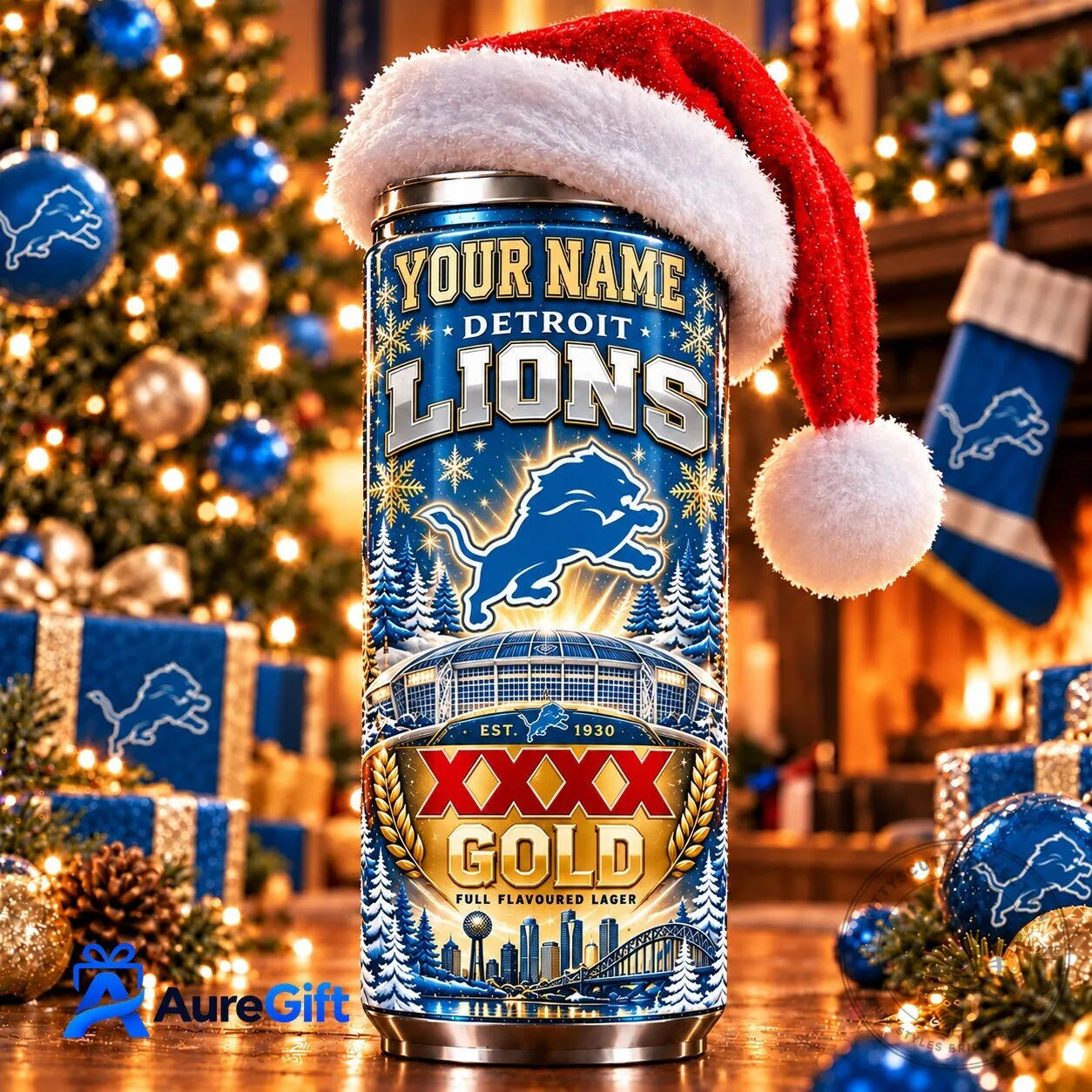 Detroit Lions NFL Football Team Personalized Name XXXX Gold Beer Can Tumbler
