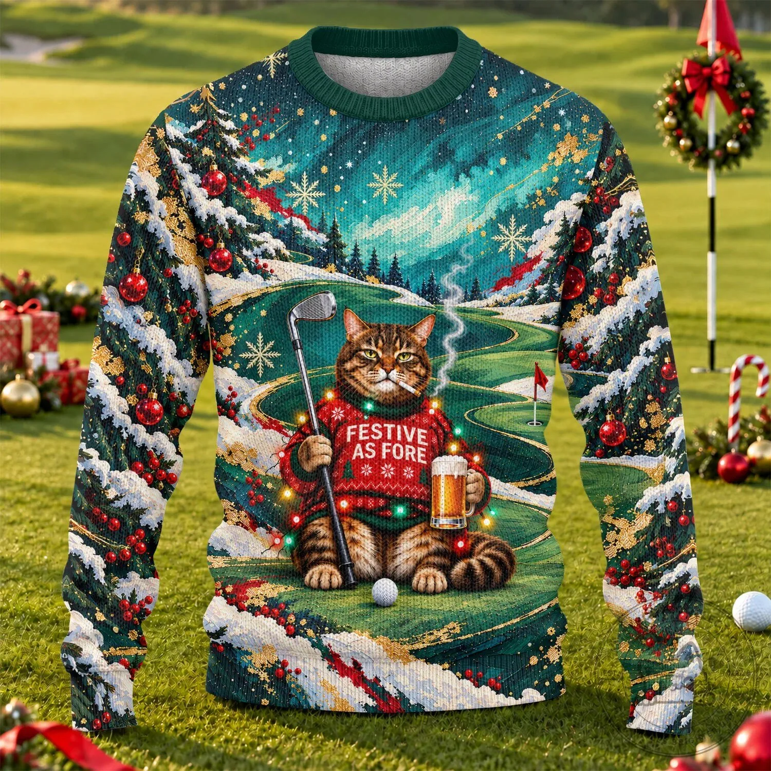 Festive As Fore Cat Golfing Ugly Christmas Sweater