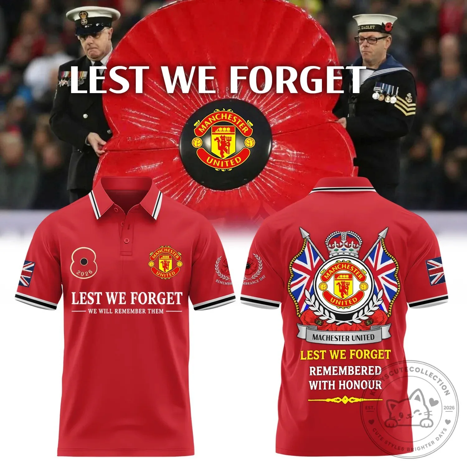 Manchester United Football Club Lest We Forget Remembrance Day Red Polo Shirt