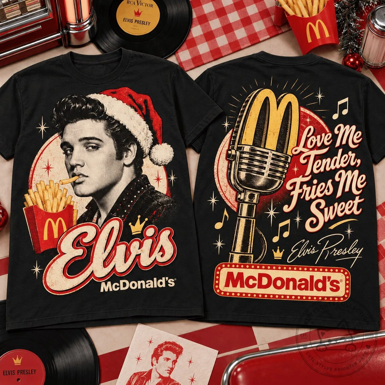 Elvis Presley McDonald's Christmas Holiday Love Me Tender Fries Me Sweet T-Shirt
